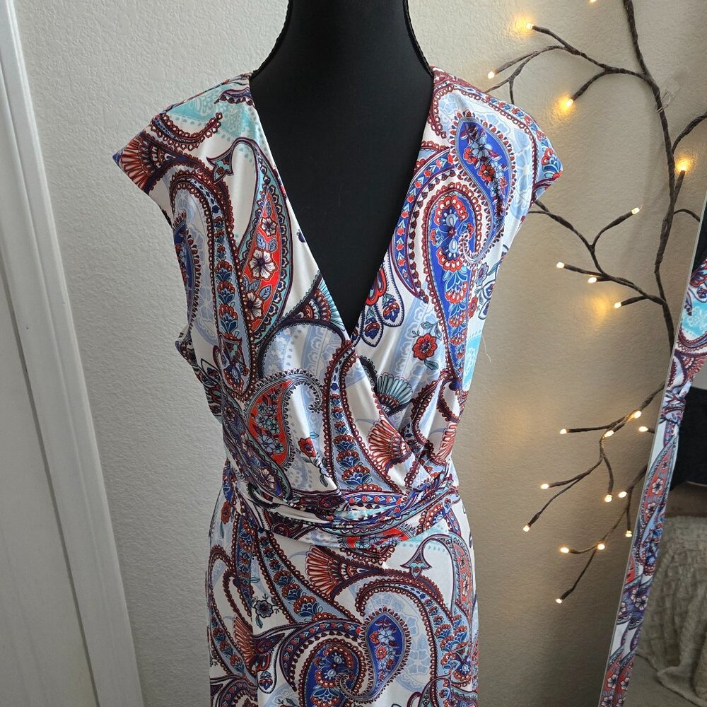 Perceptions Large - Tie Back Dress - Midi - Blue/White/Red Paisley - EUC